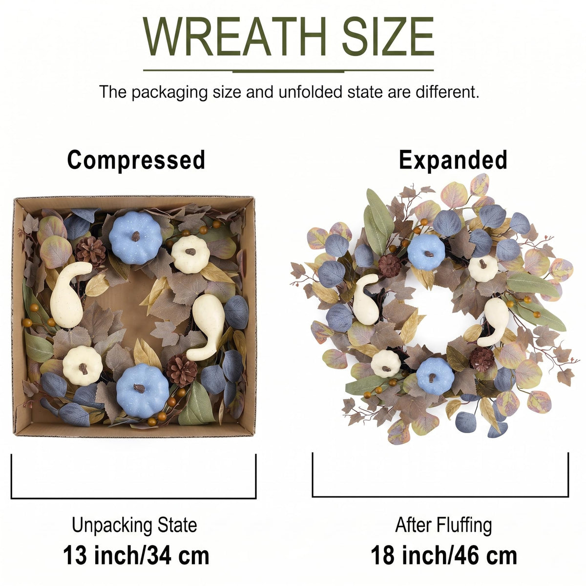 DecorbyHannah Fall Wreath for Front Door, 18 Inch Lighted Autumn Harvest Pumpkin Wreath with Lights, Blue Pumpkin Pinecone Door Decor for Mantle Porch Wall Home Indoor Outdoor
