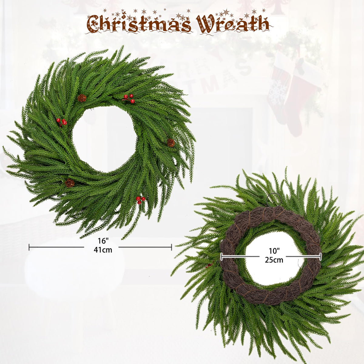 Hollyone 16" Real Touch Norfolk Pine Wreath for Front Door Small Artificial Winter Pine Plant with Red Berry Pinecone Greenery Christmas Wreath Window Walls Xmas Decor Indoor Outdoor Home Decoration