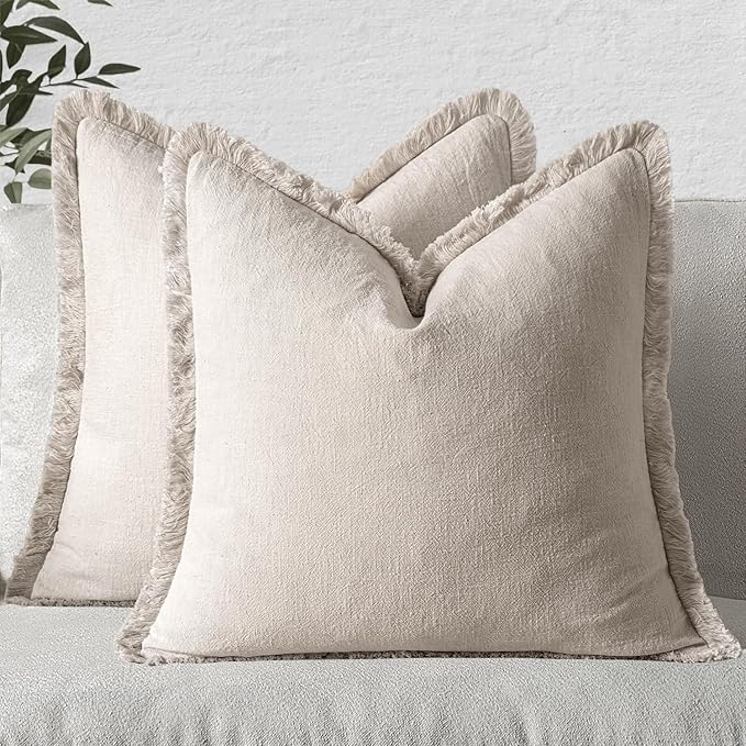 MIULEE Christmas Decorative Throw Pillow Covers Neutral Linen Fringe Throw Pillows Set of 2 Natural Beige Boho Farmhouse Cushion Covers with Tassels for Couch Sofa Bed Living Room Decor 16x16 Inch