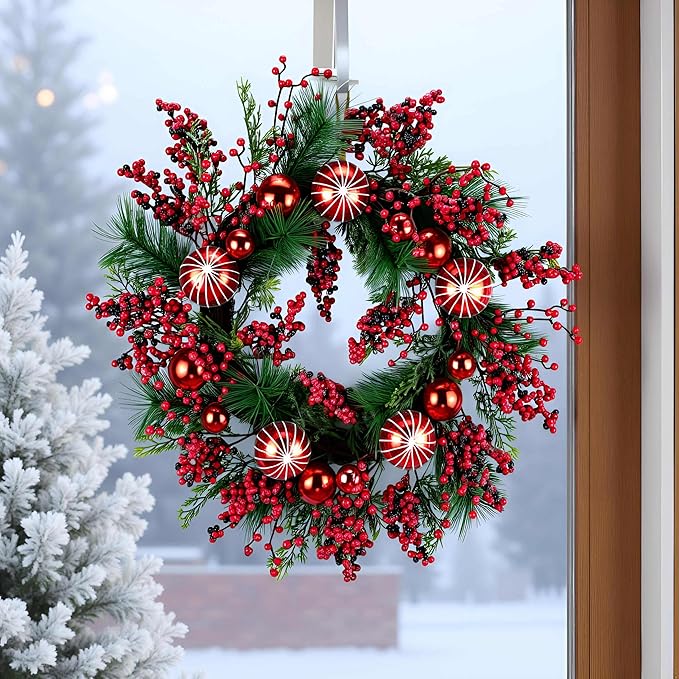 YULETIME 24" Mixed Berries Christmas Wreath - Artificial Holiday Wreath with Red & Purple Frosted Berries, Green Cypress Branches & Pine Needles