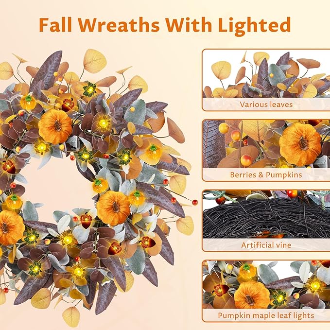 Fall Wreaths for Front Door, 20" Fall Wreath with Lights, Artificial Autumn Door Wreaths-Pumpkin, Berry Branch, Mixed Leaves Decor for Home Outside Indoor Wall Harvest Festival Thanksgiving Decoration
