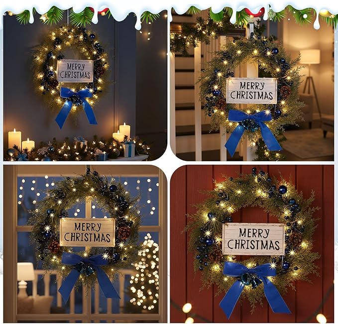Lighted Christmas Artificial Cedar Wreath for Front Door with Hanger Christmas Wreaths Faux Norfolk with Velvet Bow LED Lights Jingle Bells Pinecone Berries Indoor Window Xmas Holiday Decor(Blue)