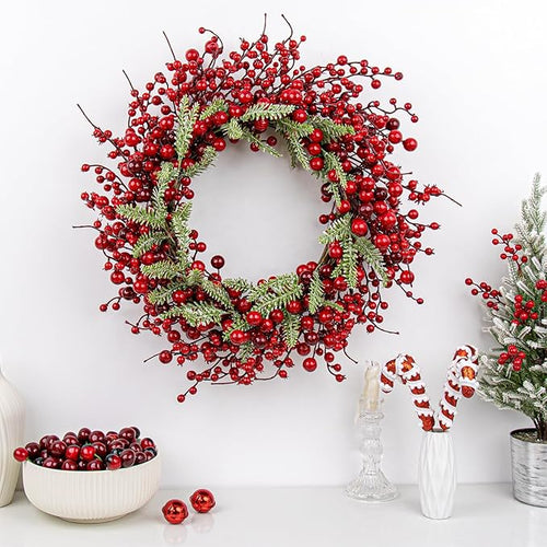 20 Inches Red Christmas Wreath Farmhouse Christmas Wreaths for Front Door Classic Winter Holiday Wreath with Red Berry Fir Pine Needle for Doors Window Indoors Porches Outside