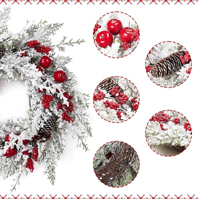 Christmas Wreath, 18 Inch Snow Flocked White Winter Wreath with Pine Cones Berries Apples for Front Door Fireplace Table Centerpiece Holiday Home Indoor Outdoor Decoration