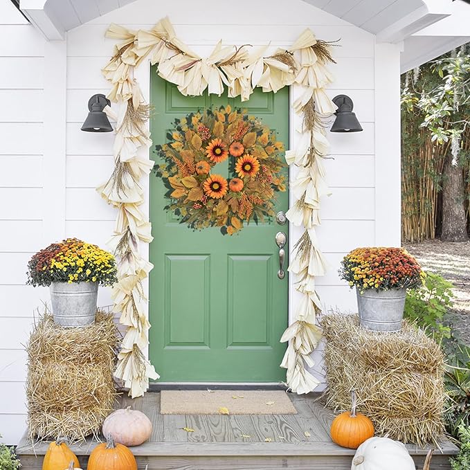 Fall Wreaths for Front Door 24 Inch Thanksgiving Autumn Wreath with Artificial Pumpkin Eucalyptus Sunflower Leaves Harvest Halloween Decorations Porch Farmhouse Outdoor Indoor Home Hanging Decor