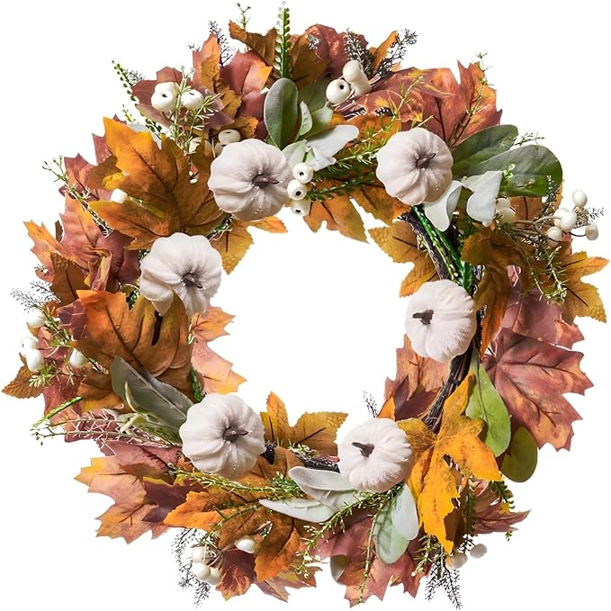 DN DECONATION 24“ Fall Wreaths for Front Door Decor, Autumn Harvest Wreaths for Porch Door Outdoor, Fall Wreath Decorations for Home Outside Thanksgiving, White Pumpkins Wreath