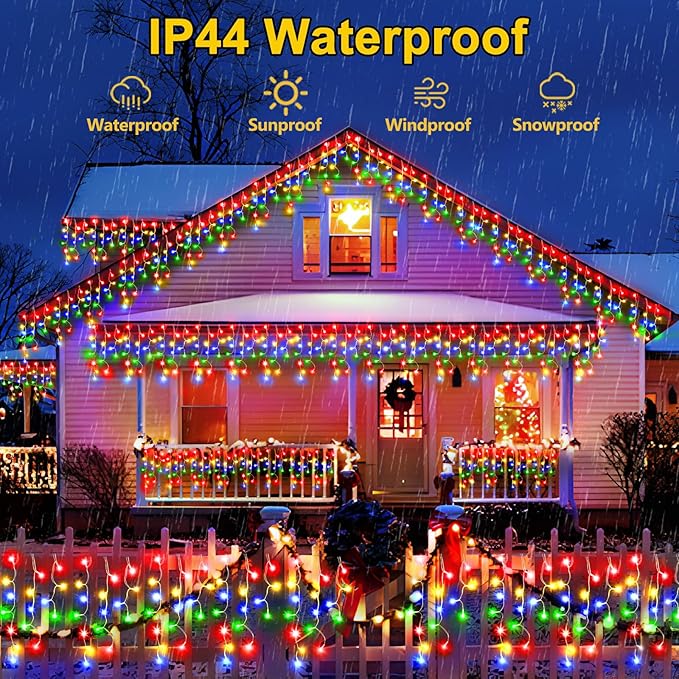 164FT 1600 LED Christmas Lights Outdoor Decorations with 320 Drops Timer 8Mode Curtain String Lights Waterproof Plug in Fairy Lights for Indoor,Xmas,Party,Patio,Window,Fence,Trees Decor(Multicolor)