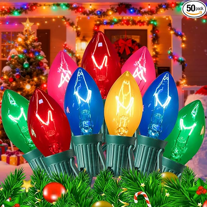 50Ft Multicolor C7 Vintage Christmas Lights String Colored Christmas Tree Lights with 50 + 5 Pack E12 Color Bulbs, for Light up Christmas Tree Home Stair Yard Indoor Outdoor Christmas Decorations, 5W