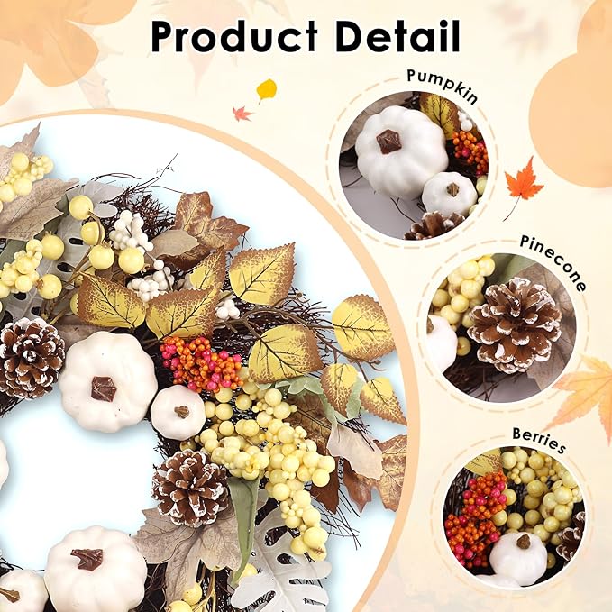 Fall Wreaths for Front Door Outside Decor, 22" Pumpkin Berry Maple Leaves Pine Cone Wreath Autumn Decorations with Bow and Hanging Sign for Thanksgiving Home Outdoor Indoor Porch Harvest