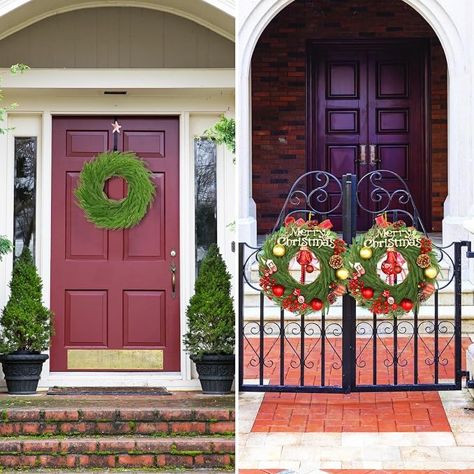 Zeyune Christmas DIY Green Wreath 14 Inch Artificial Christmas Wreaths Faux Plain Wreaths for Decorating Front Door Window Room Farmhouse Xmas Party Indoor Outdoor(Norfolk Pine,8 Pcs)