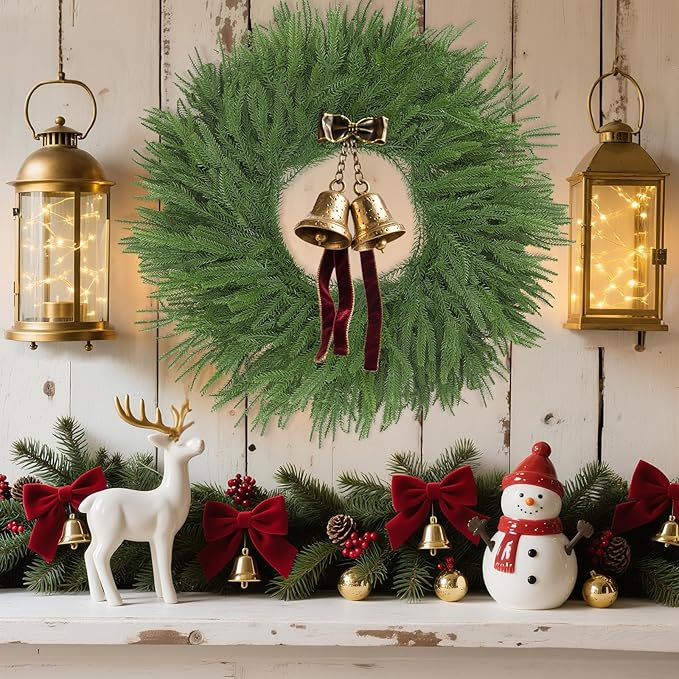 24" Norfolk Pine Wreath for Front Door, Real Touch Artificial Greenery Wreath Realistic Christmas Wreath for Wall,Fireplace,Windows,Indoor,Outdoor,Home,Holiday Decorations