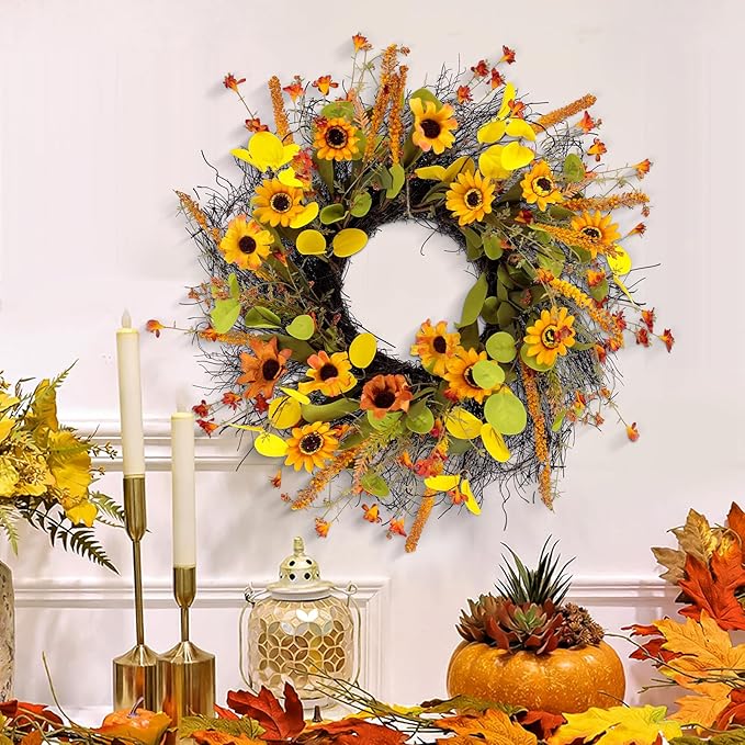 Fall Wreaths for Front Door 20 Inch Rustic Artificial Wreath Sunflower Maple Leaf Rice Ears Autumn Decoration for Halloween Thanksgiving Christmas