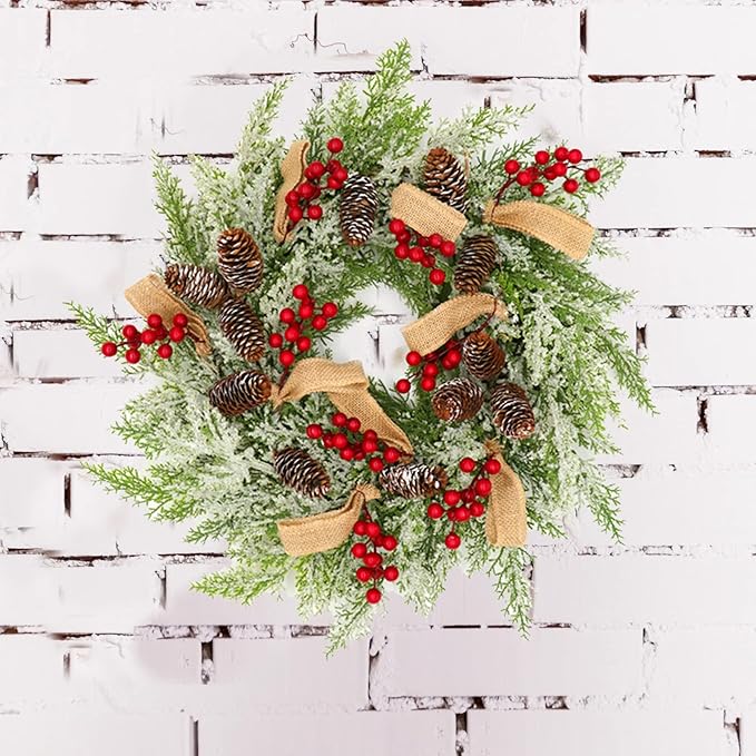 22” Artificial Christmas Door Wreath, Christmas Wreaths for Front Door, Winter Wreaths with Pine Cone, Red Berries, Burlap Ribbon & Snowflake, Holiday Outdoor Wreath Decorations