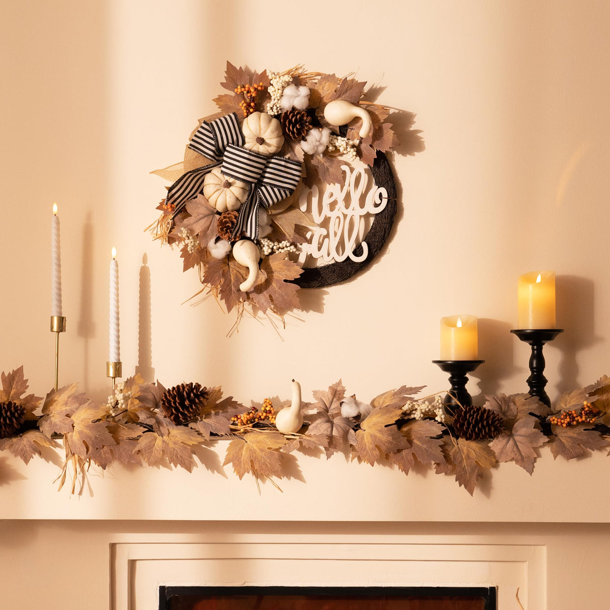 Valery Madelyn 22'' Collapsible Fall Wreaths for Front Door, Neutral Autumn Door Wreath with Lights Pumpkins Bow Outdoor Fall Halloween Decorations for Home Porch Thanksgiving Harvest Outdoor Decor
