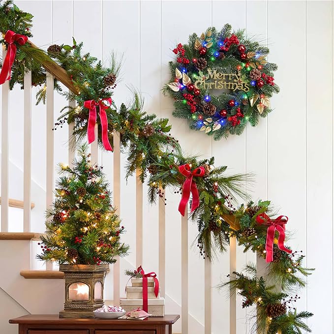 18 Inch Christmas Wreaths for Front Door, Lighted Outdoor Christmas Wreath with 40 LED Lights Timer Pine Cones for Window Fireplace Winter Xmas Decorations, Battery Operated