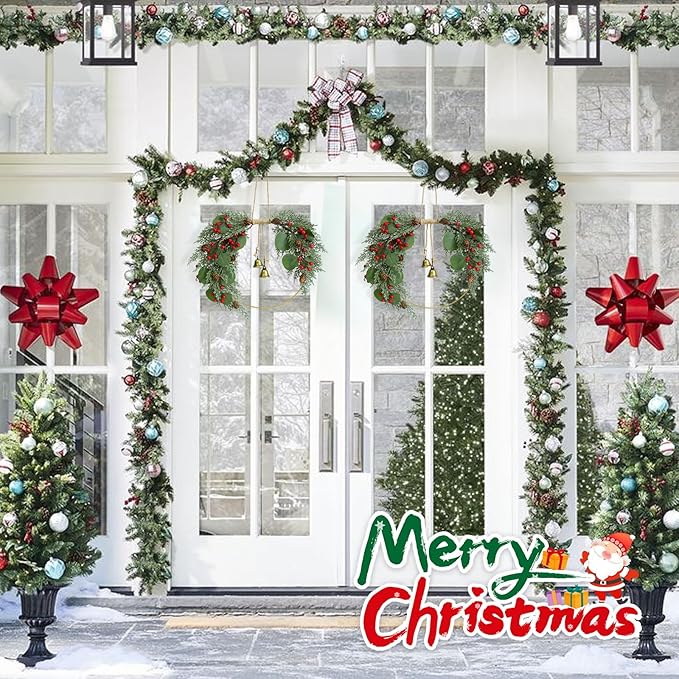 Christmas Wreath for Front Door Artificial Half Circle Wreaths with Bell Pine Cones Red Berries Eucalyptus Leaves Outdoor Wreath for Farmhouse Front Porch Window Christmas Decorations
