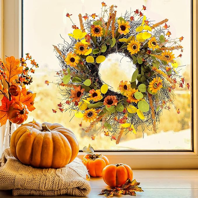 Fall Wreaths for Front Door 20 Inch Rustic Artificial Wreath Sunflower Maple Leaf Rice Ears Autumn Decoration for Halloween Thanksgiving Christmas