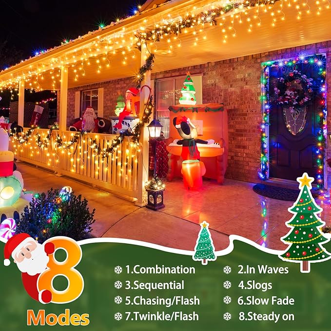 50FT 480 LED Christmas Lights Outdoor Decorations with 90 Drops Timer 8Mode Curtain String Lights Waterproof Plug in Fairy Lights for Indoor,Xmas,Party,Patio,Window,Fence,Trees Decor(Warm White)