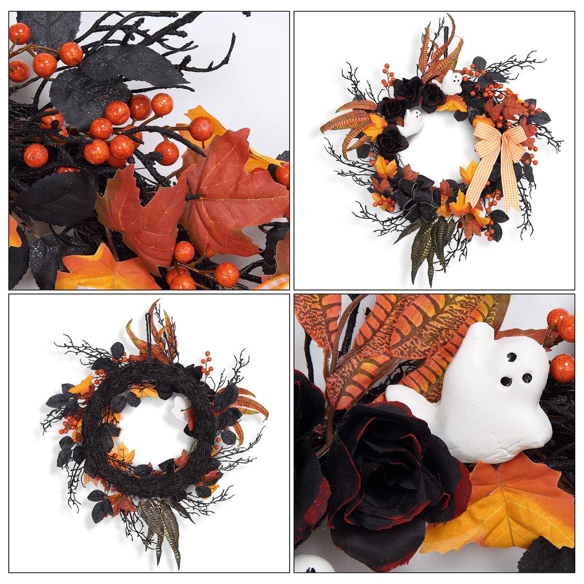 LinTimes Halloween Wreaths for Front Door, 26Inch Ghost Wreath with Ribbon Black Rose Maple Berries Feather for Indoor Outdoor Wall Window Front Door Porch Mantle Halloween Decoration
