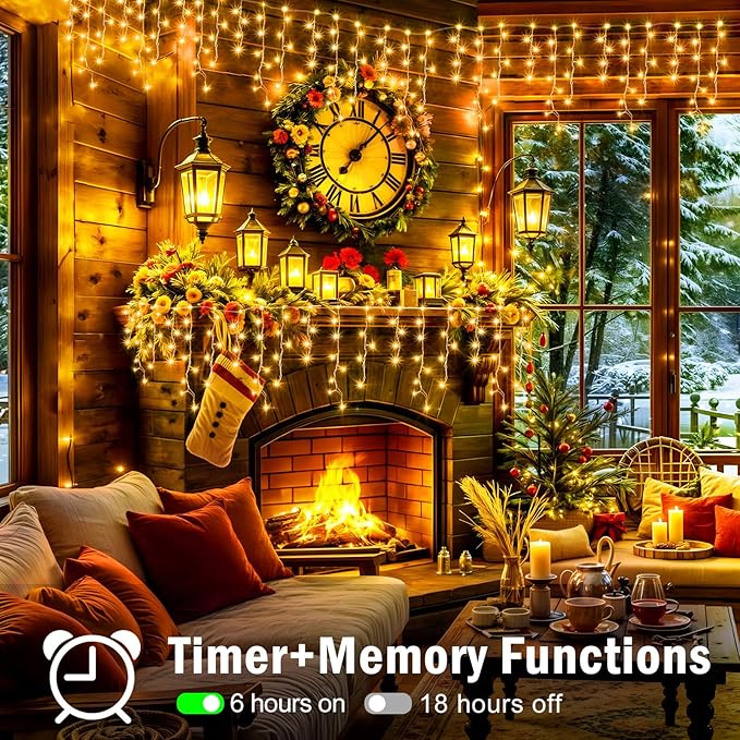 XURISEN 66ft Christmas Lights Decorations Outdoor, 640 LED 8 Modes Curtain Fairy Lights with 120 Drops,Plug in Waterproof Timer Memory Function for Christmas Holiday Wedding Party Decor(Warm White)