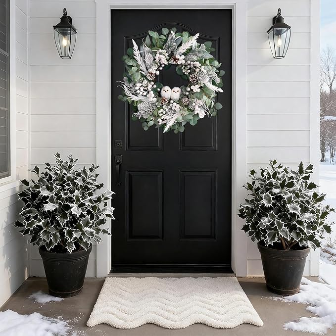 Winter Wreath for Front Door, 24 Inch Christmas Wreath with Owl Decor, Pine Cones, and Evergreen Greenery, Festive Winter Door Decor, Artificial Holiday Farmhouse Rustic Wreath