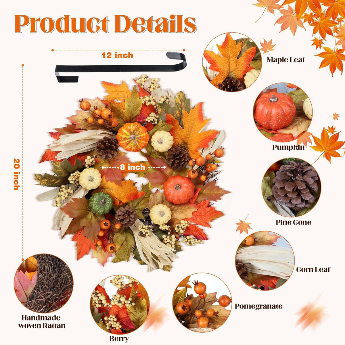 Fall Wreaths for Front Door, 20inchs Autumn Wreath with Hangers Pumpkin Maple Autumn Harvest Wreath Fall Decorations for Home Ideal Thanksgiving Decorations Wall Window Party Decor Indoor Outdoor