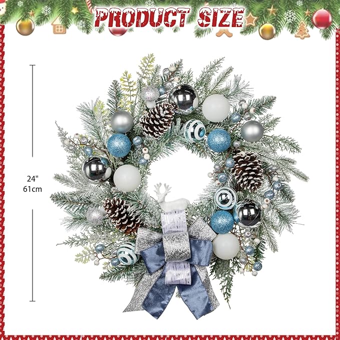 24" Christmas Wreath for Front Door Artificial Unlit Winter Wreath with Pine Cones, Berry Clusters, Blue Ball Ornaments and Ribbon for Thanksgiving Holiday Christmas Decoration