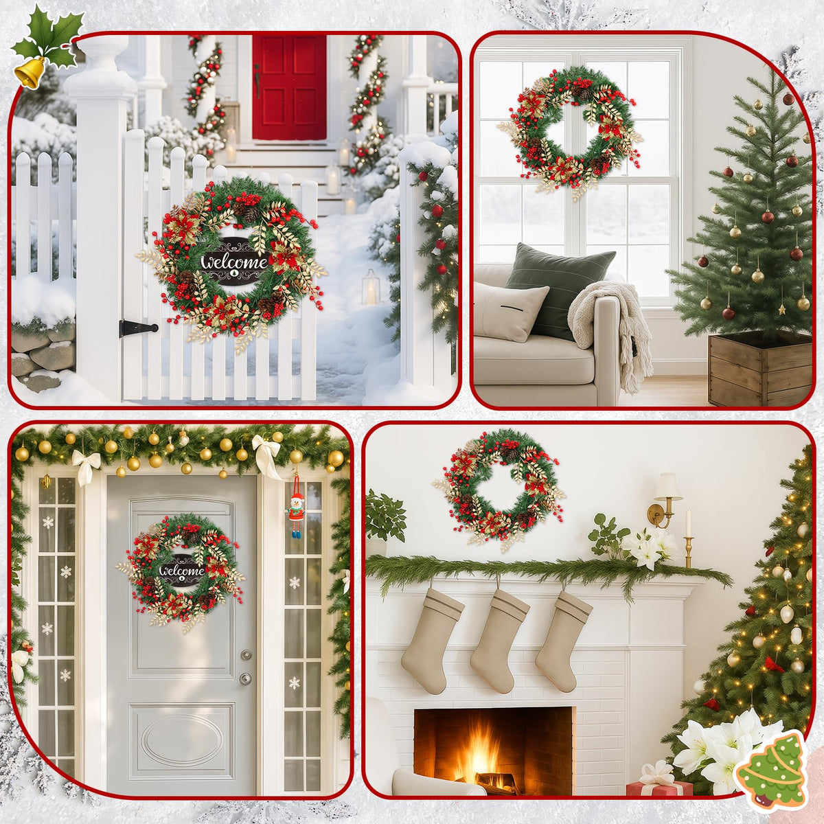 Christmas Wreaths for Front Door Outside Decor, 22" Berries Poinsettia Golden Leaves Pinecone Winter Artificial Wreath Decorations with Hanging Sign for Xmas Home Door Wall Window Fireplace Porch