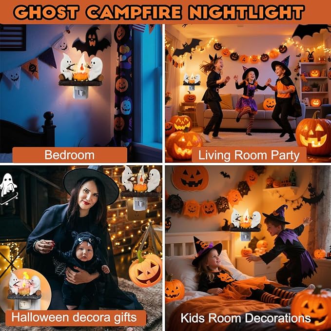 Ghost Campfire Nightlight,Halloween Campfire Flickering Night Light,3D Spooky Fire Marshmallow Night Light for Halloween Decor (Cute Ghost)