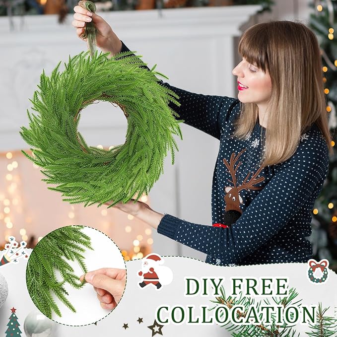 Zeyune Christmas DIY Green Wreath 14 Inch Artificial Christmas Wreaths Faux Plain Wreaths for Decorating Front Door Window Room Farmhouse Xmas Party Indoor Outdoor(Norfolk Pine,8 Pcs)