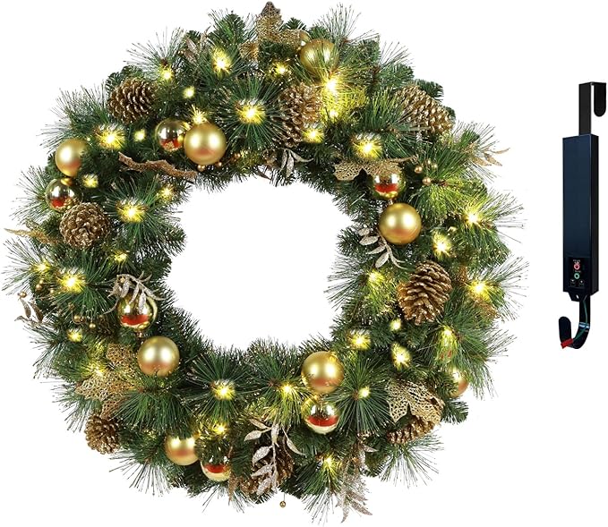 Solar Christmas Wreath 30 Inches Pre-Lit Solar 70 Led Artificial Wreath for Front Door Window Outdoor Decorations with Golden Pine Cones Christmas Balls Glitter Pine Branches(3002)