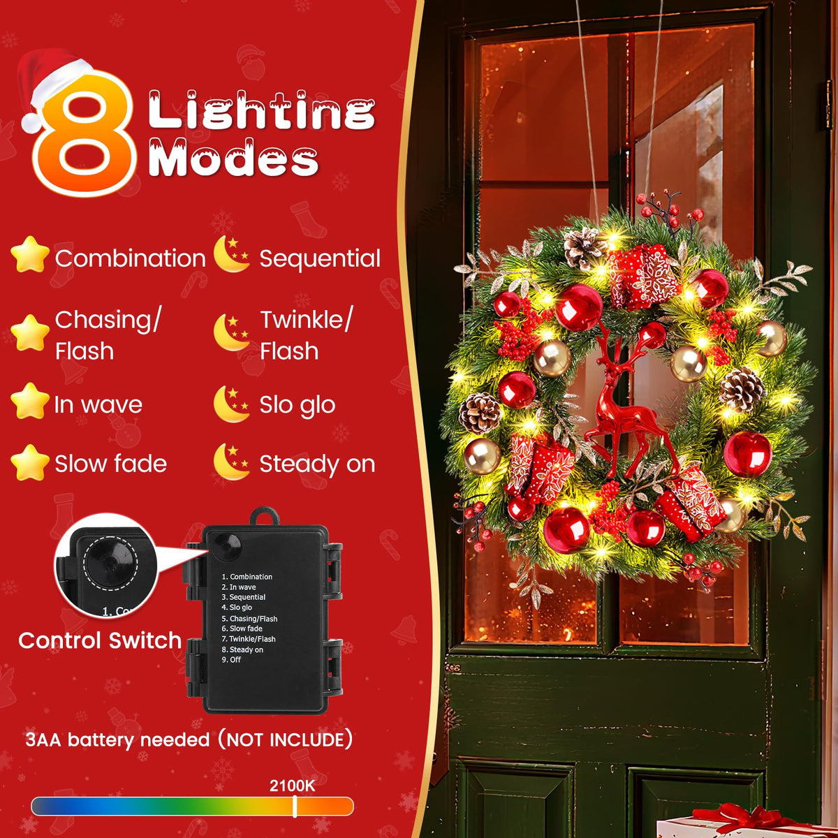 Quntis Lighted Christmas Wreath Front Door - 16'' Reindeer Winter Wreath with 8 Modes Timer, Red Gold Balls, Snowflakes, Pine Cones, Berries for Indoor Outdoor Holiday Windows Fireplace Mantel Porch