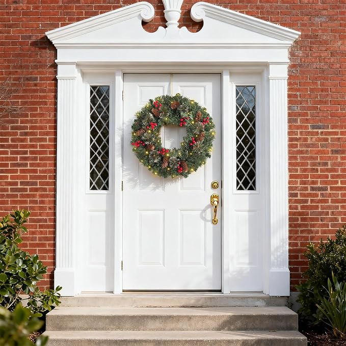 FR Artificial Pre-Lit Fir Christmas Wreath Holiday Accent Decoration, Wintry Pine, Decorated with Pine Cones Berry Clusters, with LED Lights Battery Operated for Door, Mantel - 16 Inch