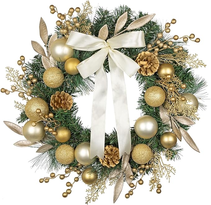 24 inch Christmas Door Wreath, Large Pine Wreaths for Front Door with Champagne Bow Golden Ball Glittered Leaf Spray Stems Pinecones for Fireplace Xmas Decorations, Wall Window Indoor Outdoor Decor