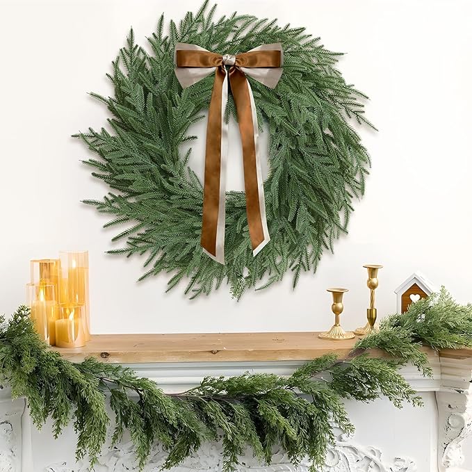 Christmas Decorations -24 Inch Christmas Wreath, Norfolk Pine Wreath, Christmas Wreaths for Front Door, Christmas Door Wreath with Bow Ribbon for Home Table Wall Window Indoor Outdoor