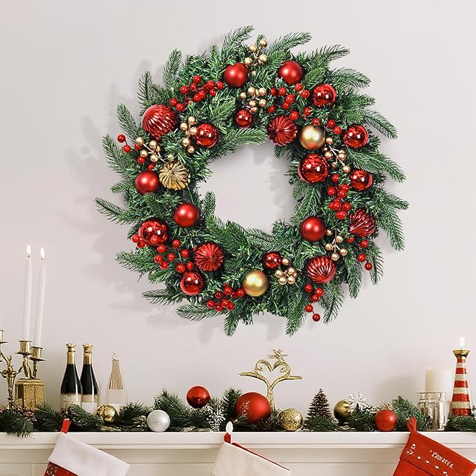 Christmas Wreath with Lights, 20 Inch Christmas Wreaths for Front Door, Large Winter Door Wreath with Ball Ornaments, Berries and Norfolk Pines, Xmas Decor for Indoor Outdoor Wall Windows