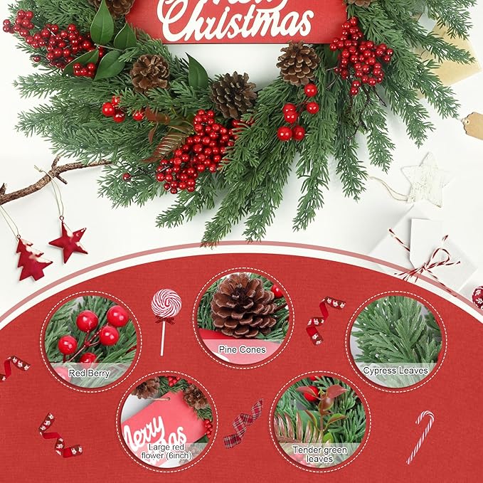 Christmas Wreaths for Front Door,Winter Wreaths for Indoor and Outdoor Decorations,Christmas Door Wreath with Pine Cones and Leaves,Berries,Wood Sign for Decor