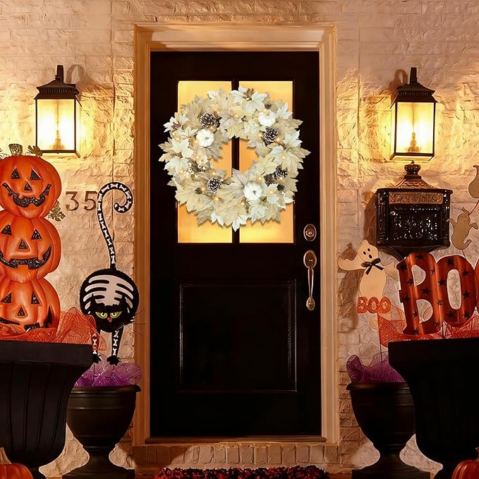 Fall Wreath with Lights 22 Inch - Fall Wreaths for Front Door Thanksgiving Halloween with Fall Home Decorations Autumn Wreath for Indoor Outdoor Wall Festival Decor