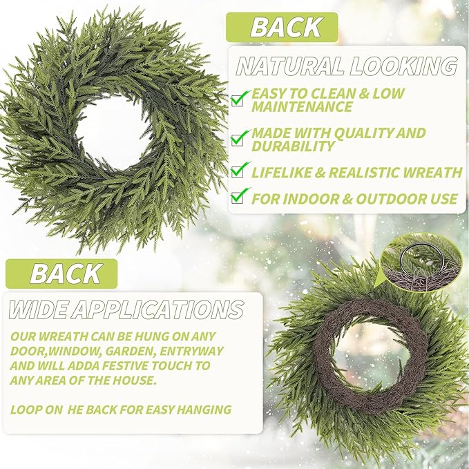 26 inch Norfolk Pine Wreath, Realistic Christmas Wreath for Front Door,Artificial Real Touch Green Wreath Greenery for Door Wall Windows Mantle Outdoor Christmas Decoration
