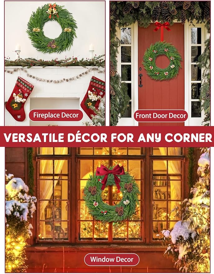 22 Inch Norfolk Pine Wreath - Christmas Wreaths for Front Door, Year-Round Real Touch Greenery Artificial Greenery Wreath for Walls, Windows, Porches, Farmhouse, Indoor/Outdoor Home Décor