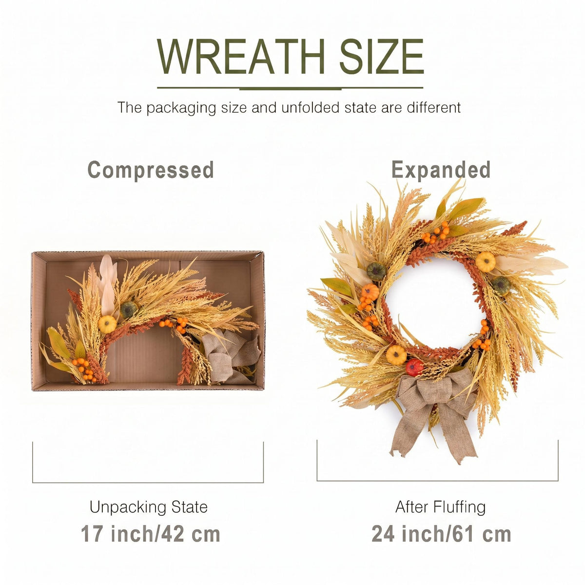 DecorbyHannah Fall Wreath for Front Door Outside, 24'' Collapsible Pre-Lit Rustic Farmhouse Autumn Harvest Door Wreath with Pumpkin Wheat Burlap Bow, Outdoor Fall Decorations for Home Mantle Porch