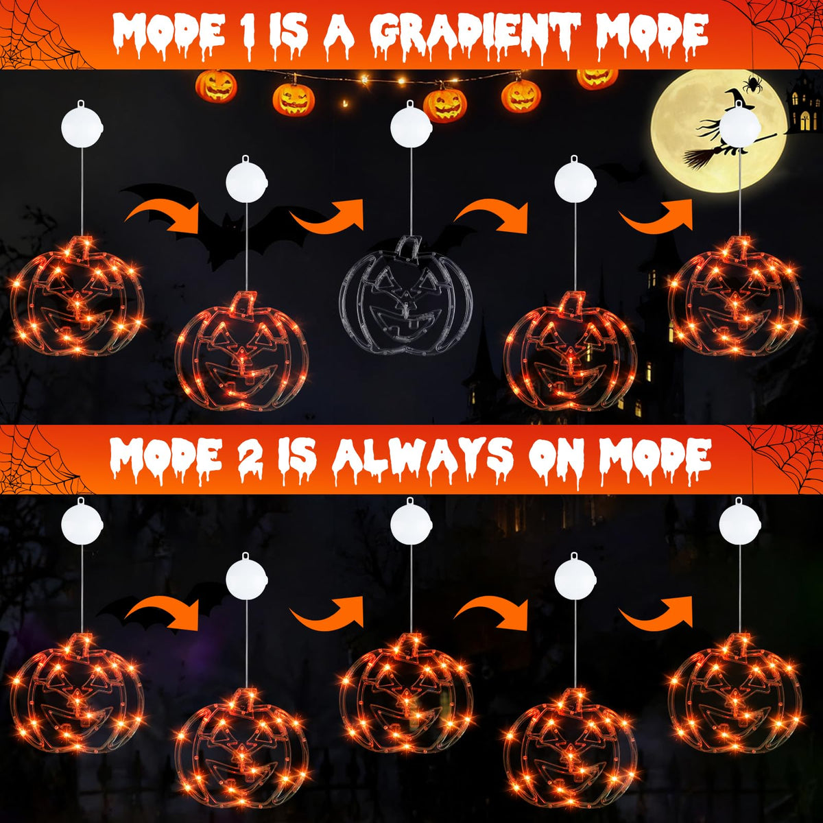 Wlicon 5 PCS Halloween Lights Decorations Green Spider Orange Pumpkin White Ghost Purple Witch Green bat with Suction Cups and Battery Operated Halloween Lights with Timer for Window House Decoration