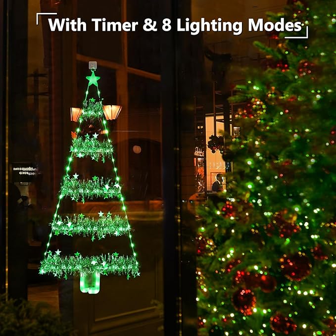 Toodour Christmas Decorations Indoor Lights, 2.65ft LED Christmas Lights, Green Wall Window Hanging Light, Battery Operated Holiday Decoration for Outdoor Garden New Year Home Decor