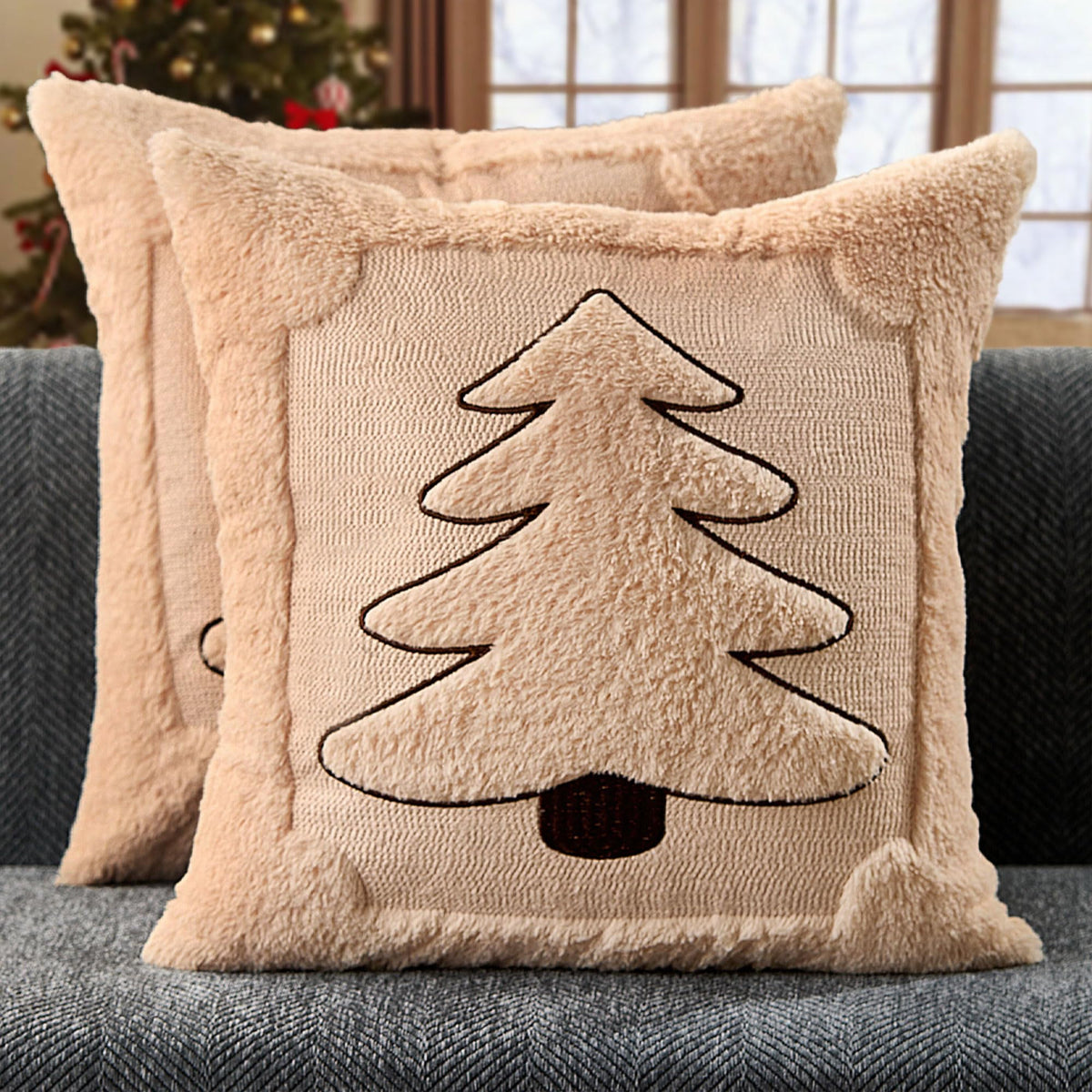 DFXSZ Christmas Pillow Covers 18x18 Beige Big Christmas Tree Decoration Soft Plush Faux Fur Jacquard Throw Pillows for Bedroom Sofa Holiday Festivals Winter Home Decor PTK068C18