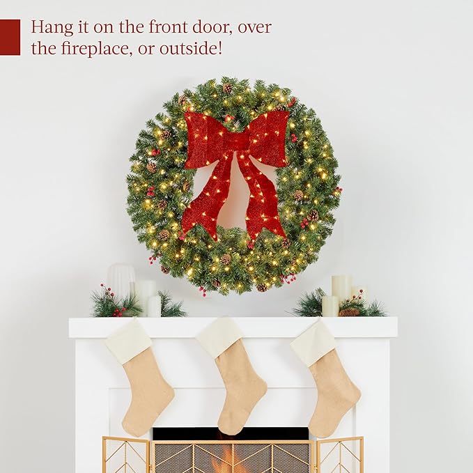 Best Choice Products 48in Pre-Lit Christmas Wreath w/Berries & Pinecones, Large Artificial Indoor/Outdoor Decor for Door, Mantel w/Red Bow, Plug-in
