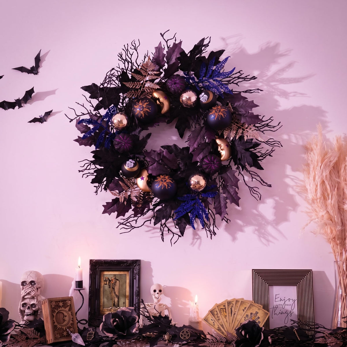 DecorbyHannah Pre-lit Halloween Wreath for Front Door, 18 Inch Light Up Black Witch Pumpkins Wreath with Lights，Maple Leaves, Moon, Ball Ornaments and Timer for Mantel Porch Wall Indoor Outdoor Decor