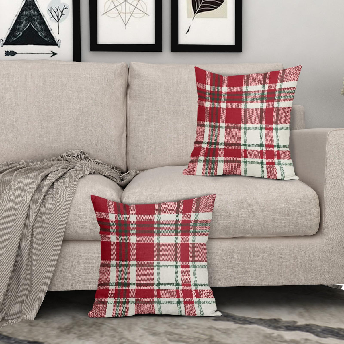 Christmas Plaid Pillow Covers 18x18 Set of 2 Red Green Cream Buffalo Checkered Decorative Tartan Pillowcases Xmas Winter Holiday Outdoor Rustic Farmhouse Throw Cushion Case Decor for Couch Sofa Bed