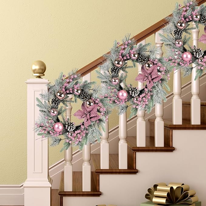 Pink Christmas Wreath 20 Inch Christmas Door Decorations Wreath Set of 2 with Christmas Balls, Pine Cones, Golden Twigs, Pine Needles and Silver Berries,Perfect for Front Door, Indoor Outdoor Use