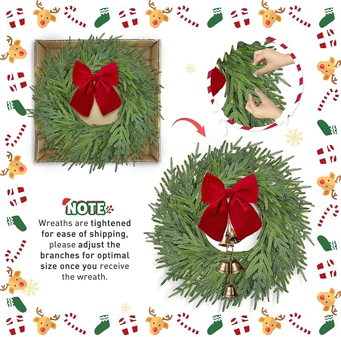 22 inch Norfolk Pine Wreath with Bow and Bell,Christmas Wreaths for Front Door,Artificial Real Touch Wreath for Door Wall Windows Mantle Outdoor Christmas Decoration