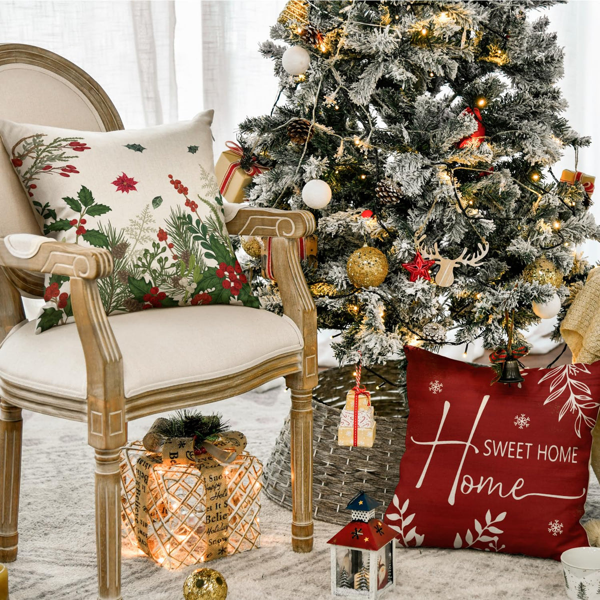 AVOIN colorlife Christmas Cardinal Home Sweet Home Poinsettia Holly Berries Throw Pillow Covers, 18 x 18 Inch Family is Everything Winter Holiday Cushion Case Decoration for Sofa Couch Set of 4